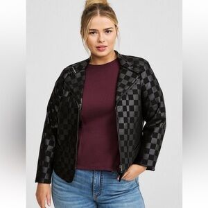 TORRID Black Checkered Moto Jacket Front Zip Size 1X 14/16 NEW